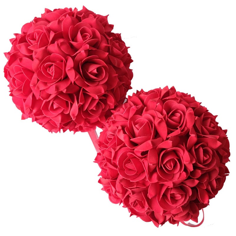 idyllic 8 Inches Artificial Flowers Roses Kissing Flower Balls DIY Wedding Bouquets Party Home Decorations Set of 2 Red