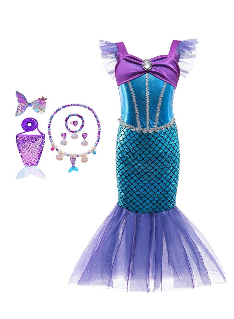 Girls Mermaid Costume Princess Dress Up with Accessories (Purple)  - Image 1