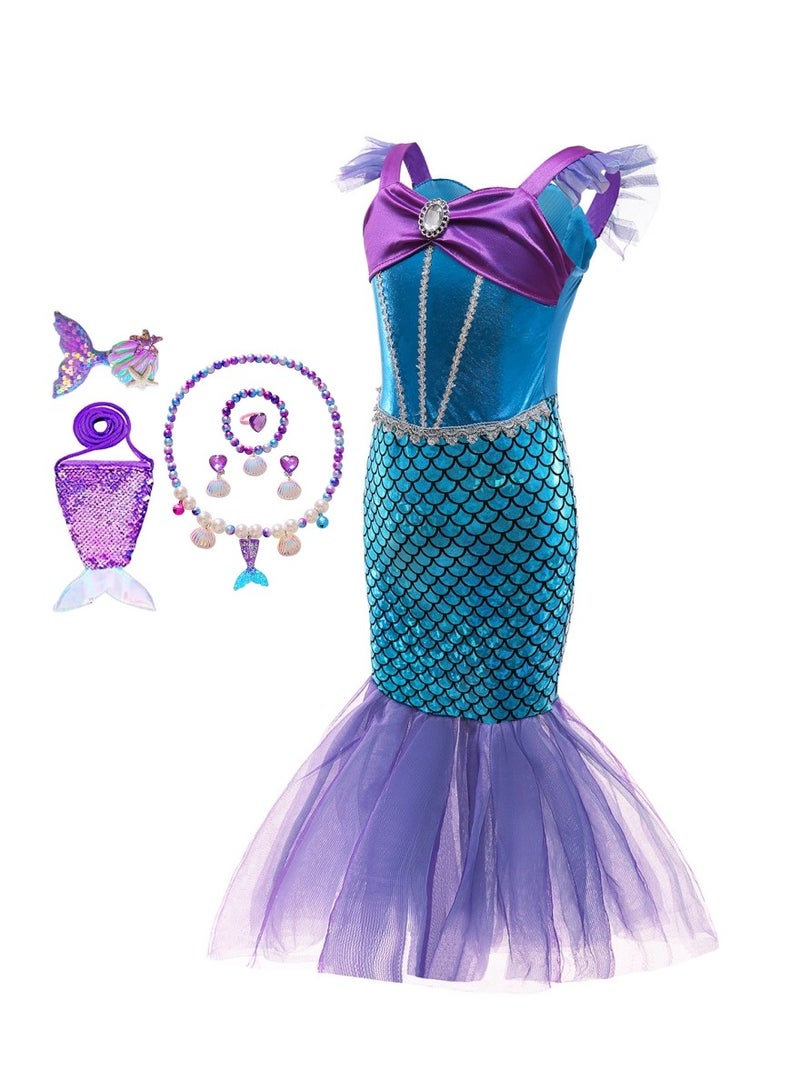 Girls Mermaid Costume Princess Dress Up with Accessories (Purple)  - Image 5