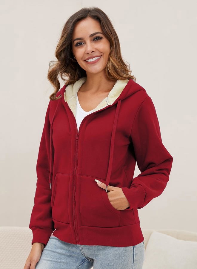 Gihuo Women's Sherpa Fleece Lined Hoodie Zip Up Hooded Sweatshirt Jacket (Wine, Large) - Image 4