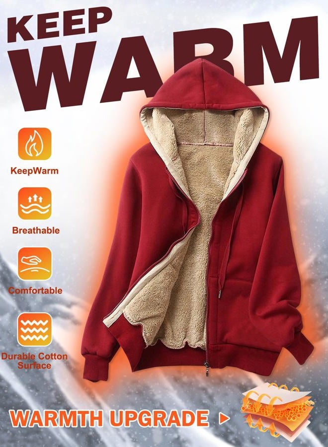 Gihuo Women's Sherpa Fleece Lined Hoodie Zip Up Hooded Sweatshirt Jacket (Wine, Large) - Image 3