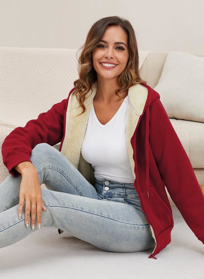 Gihuo Women's Sherpa Fleece Lined Hoodie Zip Up Hooded Sweatshirt Jacket (Wine, Large) - Image 5