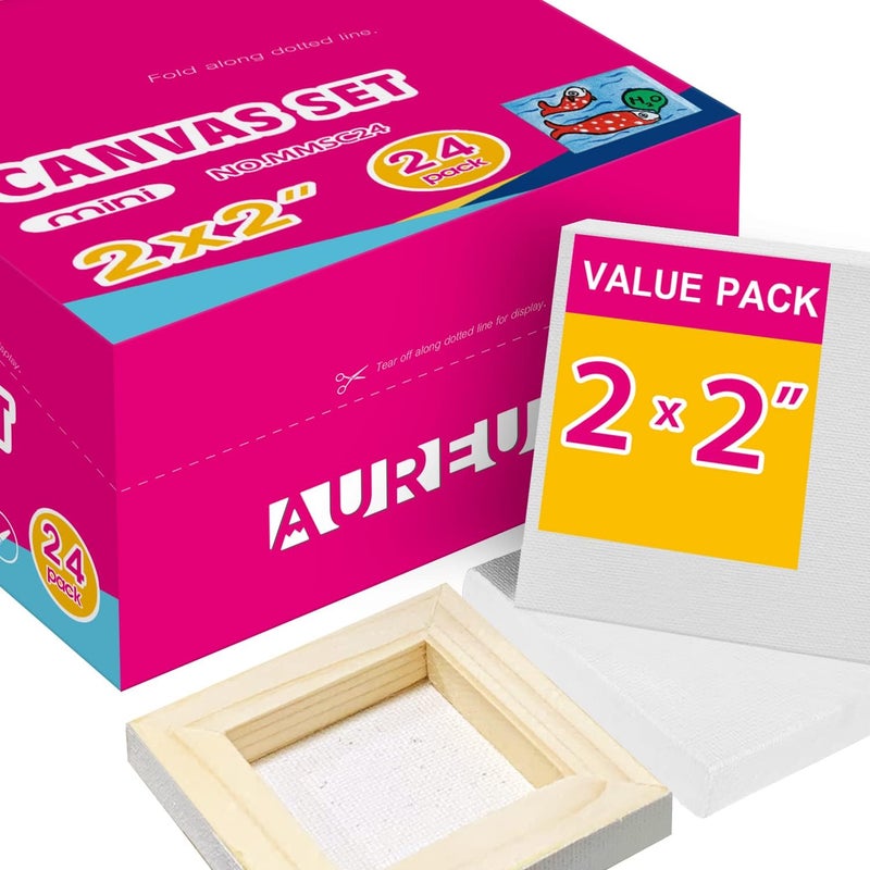 AUREUO Mini Stretched Canvas - 2x2 Inch/24 Pack - 2/5 Inch Profile Tiny Square Canvas Boards for Painting - Art Gift Set Bulk Pack Canvases for Acrylic Painting & Craft - Image 1