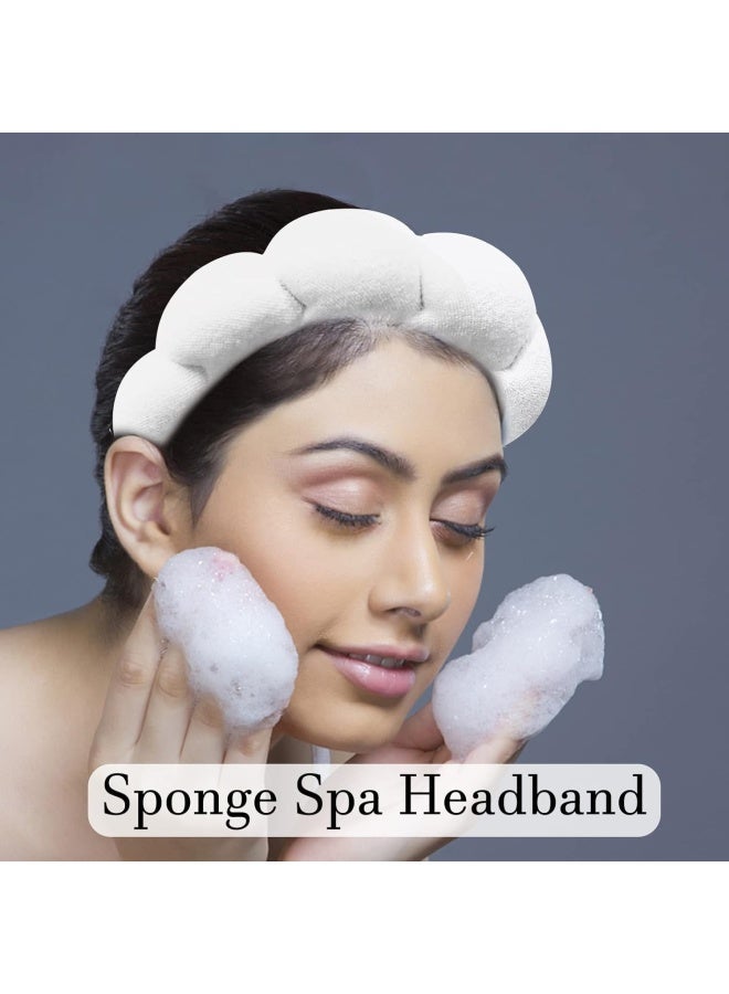 Premify Spa Sponge Headbands & 2 Wristbands Set For Women & Girls, Makeup Removal Headband & Terry Towel Cloth Fabric Hair Band For Washing Face, Skincare (White)  - Image 4