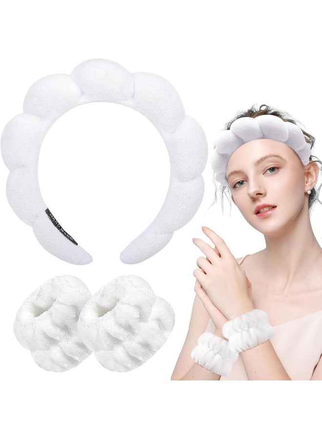 Premify Spa Sponge Headbands & 2 Wristbands Set For Women & Girls, Makeup Removal Headband & Terry Towel Cloth Fabric Hair Band For Washing Face, Skincare (White)  - Image 1
