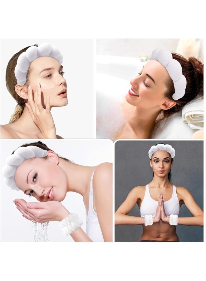 Premify Spa Sponge Headbands & 2 Wristbands Set For Women & Girls, Makeup Removal Headband & Terry Towel Cloth Fabric Hair Band For Washing Face, Skincare (White)  - Image 5