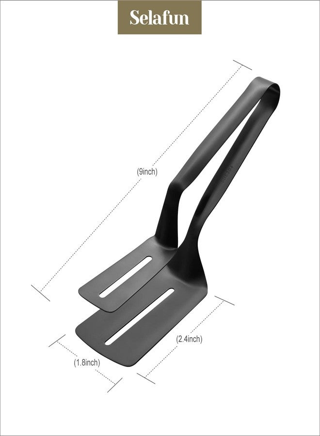 Selafun Kitchen Tongs Steak Clamp Bread Tongs 10 inch Double Spatula Tongs Clip Pizza Clamp Stainless Slotted Multi-Function Food Flipping for Bread Eggs BBQ Hamburgers Patties Pancakes (1, Matte Black) - Image 2