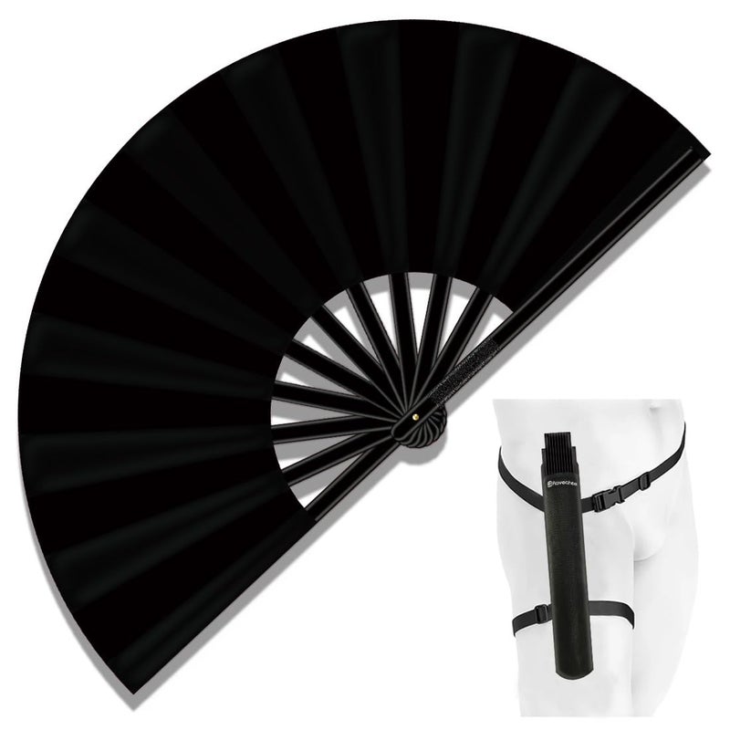 Raveahem 13" Large Folding Rave Fan with Holster, Clack Hand Fans Foldable for Line Dancing, Boots On The Ground Fan for Women Men Festival EDM Party Decoration, Black - Image 1