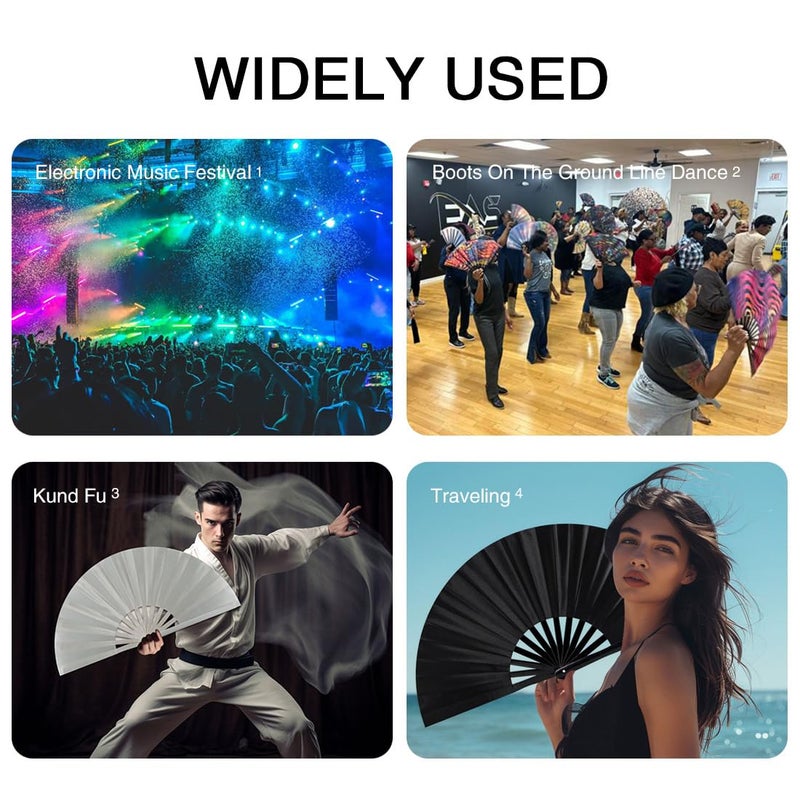 Raveahem 13" Large Folding Rave Fan with Holster, Clack Hand Fans Foldable for Line Dancing, Boots On The Ground Fan for Women Men Festival EDM Party Decoration, Black - Image 3
