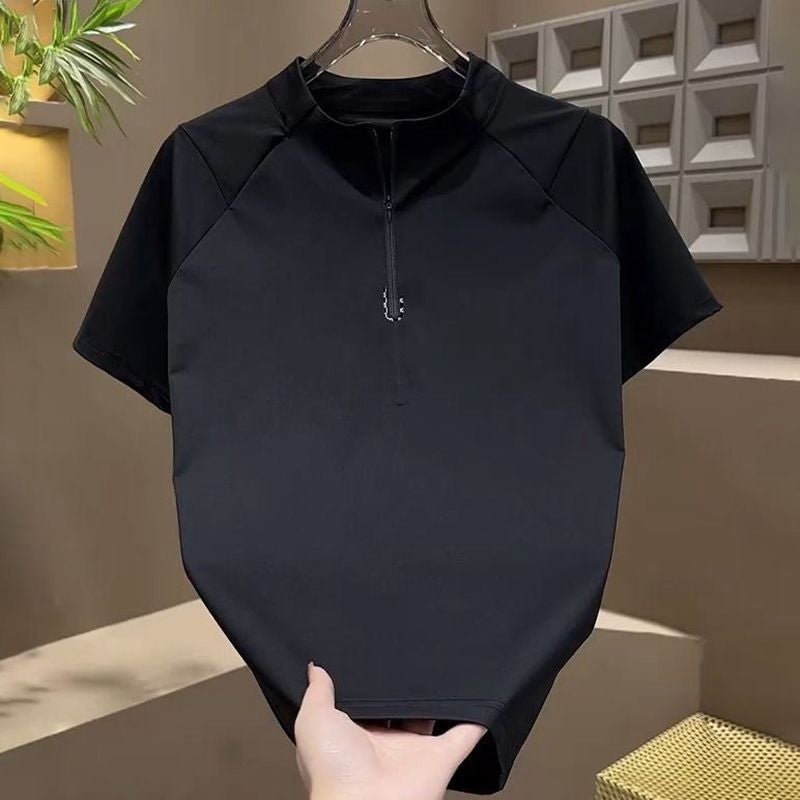 Summer New Mens Trendy Thin Short-sleeved T-shirt Top Niche Trendy Brand Half-zipper All-match Half-sleeve T-shirt Black 