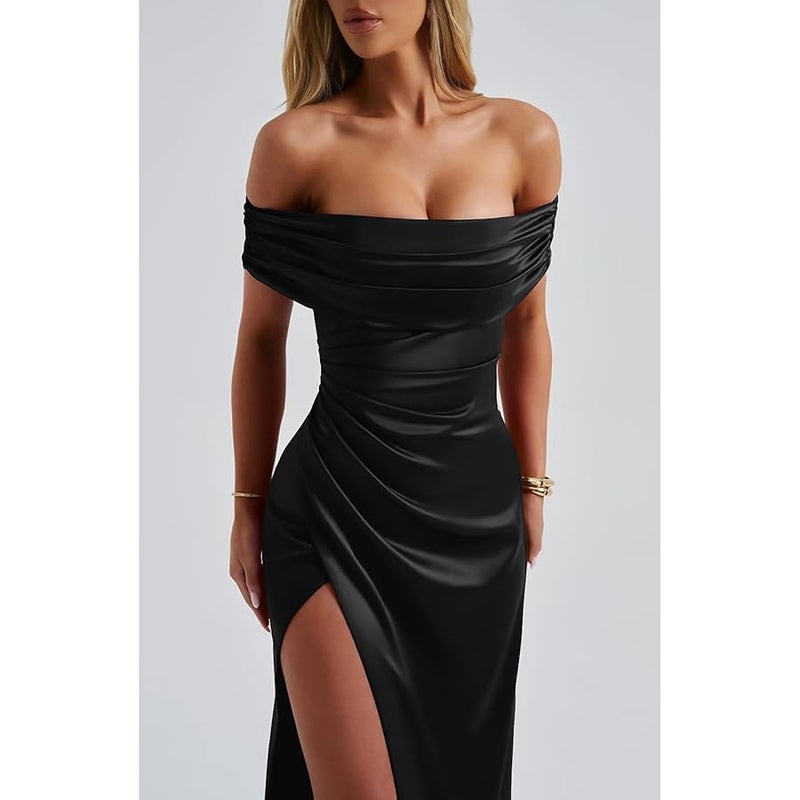 Memoriesea Women's Elegant Off Shoulder High Split Bodycon Evening Wedding Maxi Dress - Image 4