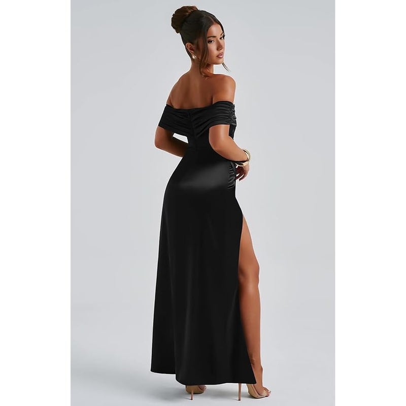 Memoriesea Women's Elegant Off Shoulder High Split Bodycon Evening Wedding Maxi Dress - Image 5