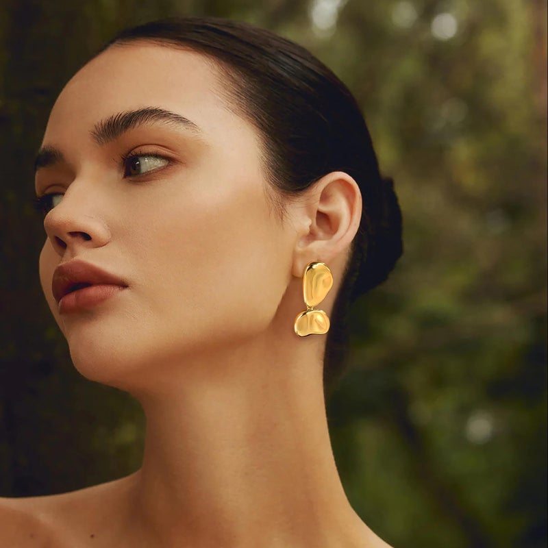 FAUTHENTICUTE Chunky Gold Earrings Asymmetric Dangle Drop Statement Earrings for Women Hammered Irregular Chic Boho Jewelry - Image 4
