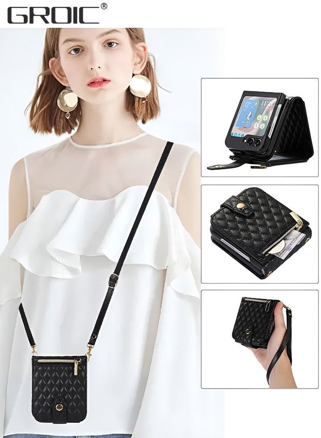 GROIC حافظة لهاتف Samsung Galaxy Z Flip5 مقاس 6.7 بوصات مع حامل بطاقات، حزام قابل للفصل، جيب بسحاب، حامل، غطاء فاخر نحيف للغاية، حماية شاملة - Image 1