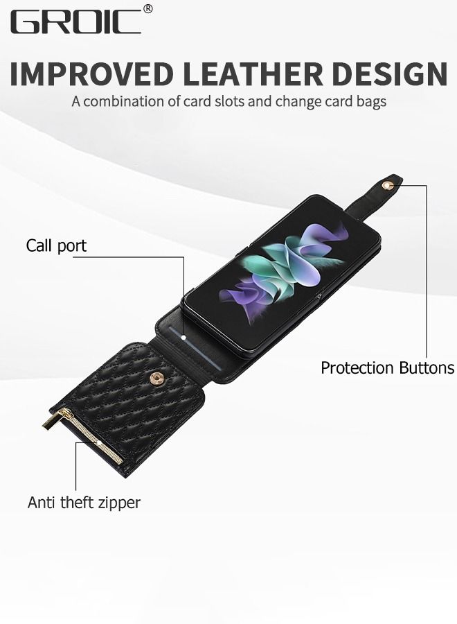 GROIC حافظة لهاتف Samsung Galaxy Z Flip5 مقاس 6.7 بوصات مع حامل بطاقات، حزام قابل للفصل، جيب بسحاب، حامل، غطاء فاخر نحيف للغاية، حماية شاملة - Image 3