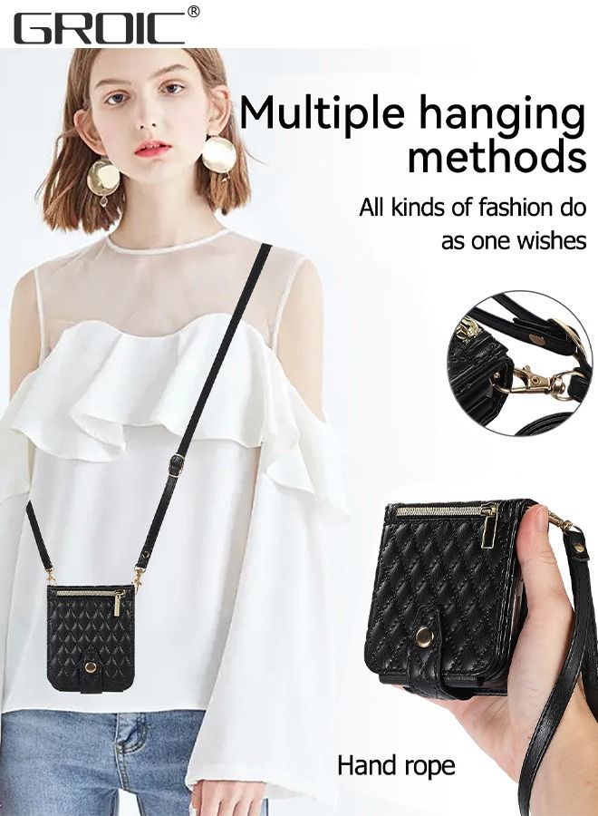 GROIC حافظة لهاتف Samsung Galaxy Z Flip5 مقاس 6.7 بوصات مع حامل بطاقات، حزام قابل للفصل، جيب بسحاب، حامل، غطاء فاخر نحيف للغاية، حماية شاملة - Image 4