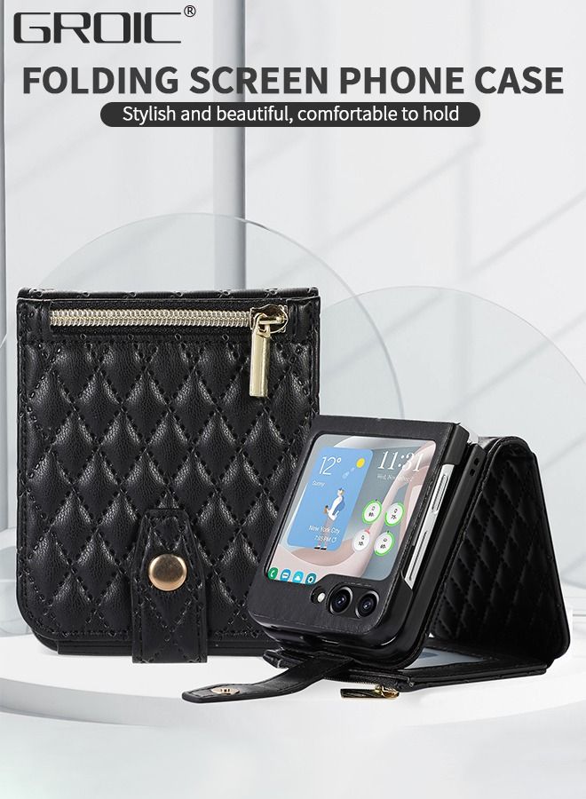 GROIC حافظة لهاتف Samsung Galaxy Z Flip5 مقاس 6.7 بوصات مع حامل بطاقات، حزام قابل للفصل، جيب بسحاب، حامل، غطاء فاخر نحيف للغاية، حماية شاملة - Image 2