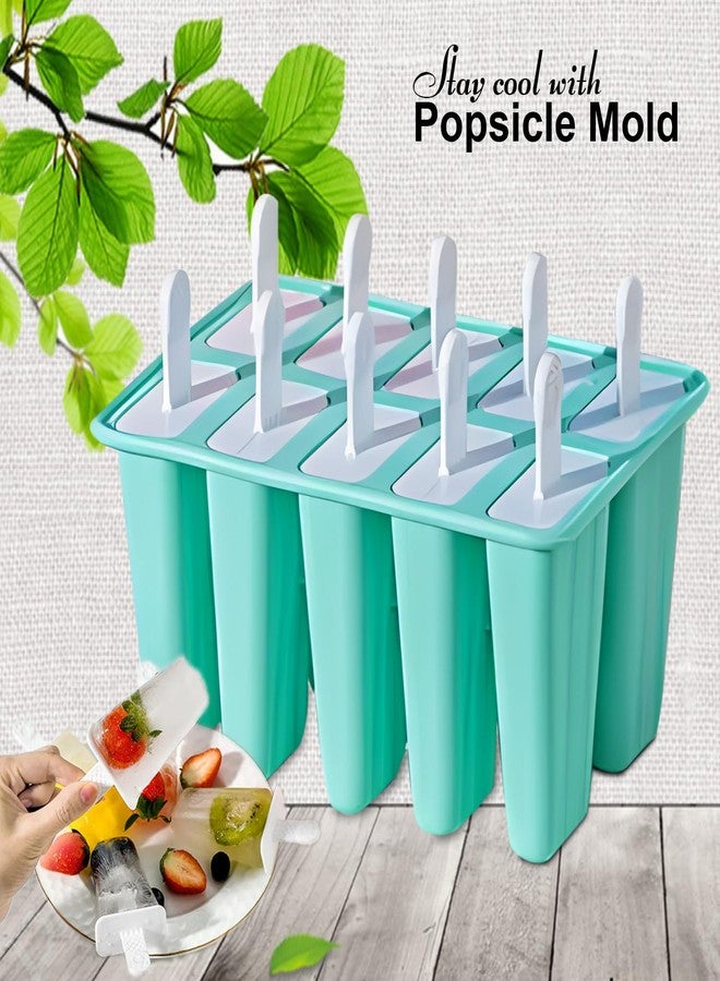 BRENSTEN Silicone Popsicle Molds 10 Pcs Ice Pop Maker Molds with 10 Reusable Sticks, Cleaning Brush and Funnel - Homemade Easy-Release Reusable Popsicle Moulds Shapes (Green) - Image 2