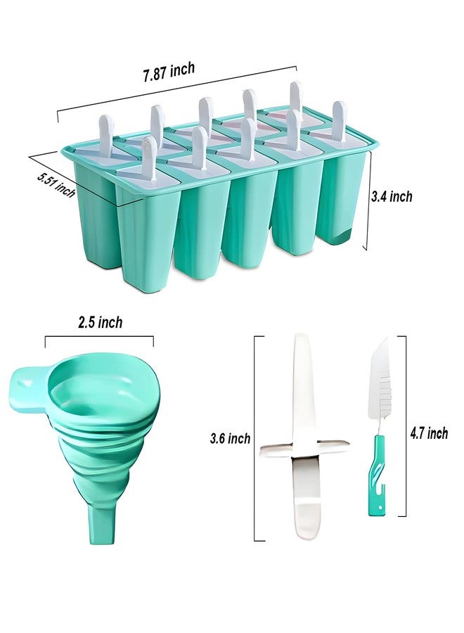 BRENSTEN Silicone Popsicle Molds 10 Pcs Ice Pop Maker Molds with 10 Reusable Sticks, Cleaning Brush and Funnel - Homemade Easy-Release Reusable Popsicle Moulds Shapes (Green) - Image 4