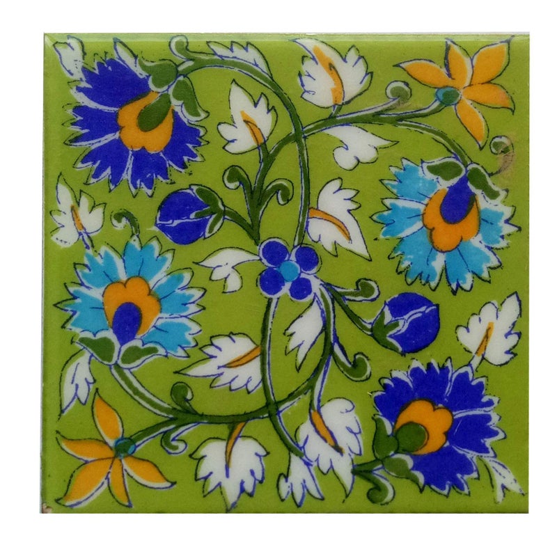 Shiv Kripa Blue Pottery Home Decorative Tile Ceramic High Lighter Wall Tiles 4 x 4 Inch Set of 6 Tiles (Green & Multicolor) - Image 5