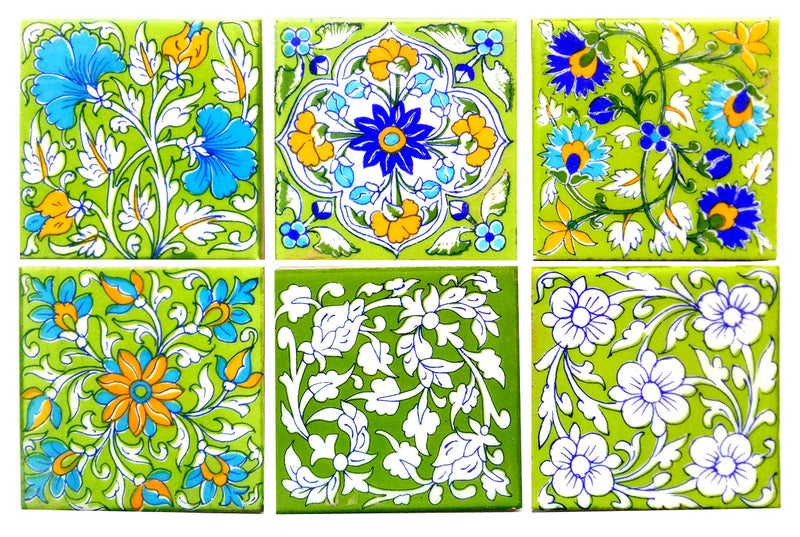 Shiv Kripa Blue Pottery Home Decorative Tile Ceramic High Lighter Wall Tiles 4 x 4 Inch Set of 6 Tiles (Green & Multicolor) - Image 1