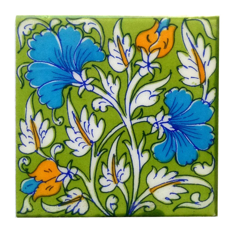 Shiv Kripa Blue Pottery Home Decorative Tile Ceramic High Lighter Wall Tiles 4 x 4 Inch Set of 6 Tiles (Green & Multicolor) - Image 3