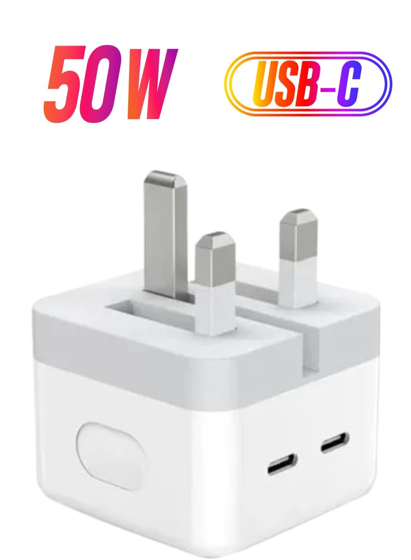 50W iPhone 14 Fast Charger Dual USB Type C Charger Plug, PD3.0 Power Adapter for iPhone 12/13/14/11 Pro Max, Pad Pro/Air, Galaxy etc White - Image 1