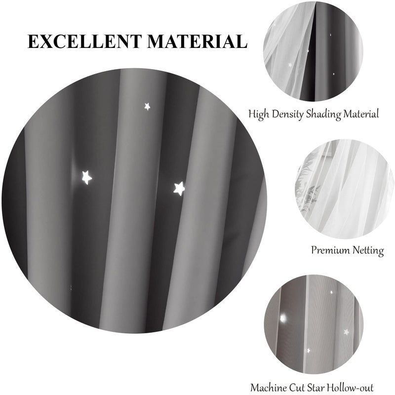 Loyala Star Blackout Double Layer Curtains - Cute Kids Bedroom & Nursery Curtains, 63 Inch Length, 2 Panels, Grey - Image 3