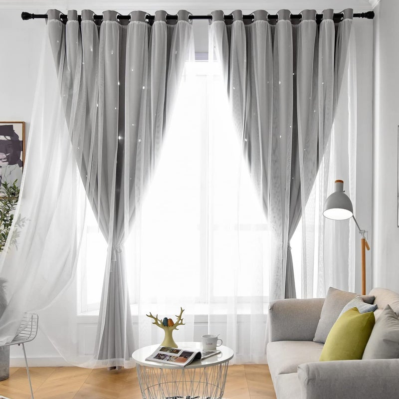 Loyala Star Blackout Double Layer Curtains - Cute Kids Bedroom & Nursery Curtains, 63 Inch Length, 2 Panels, Grey - Image 2