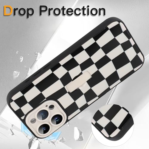 SOKAD for iPhone 16 Pro Max Case with Finger Strap Kickstand, Cute Checkered Checkerboard Phone Case with Finger Hand for Women Men, Slim Full Camera Protection Shockproof Case, Black & White - Image 4