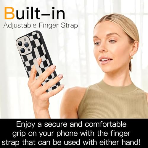 SOKAD for iPhone 16 Pro Max Case with Finger Strap Kickstand, Cute Checkered Checkerboard Phone Case with Finger Hand for Women Men, Slim Full Camera Protection Shockproof Case, Black & White - Image 2