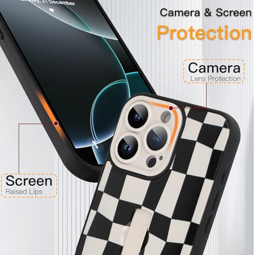 SOKAD for iPhone 16 Pro Max Case with Finger Strap Kickstand, Cute Checkered Checkerboard Phone Case with Finger Hand for Women Men, Slim Full Camera Protection Shockproof Case, Black & White - Image 3