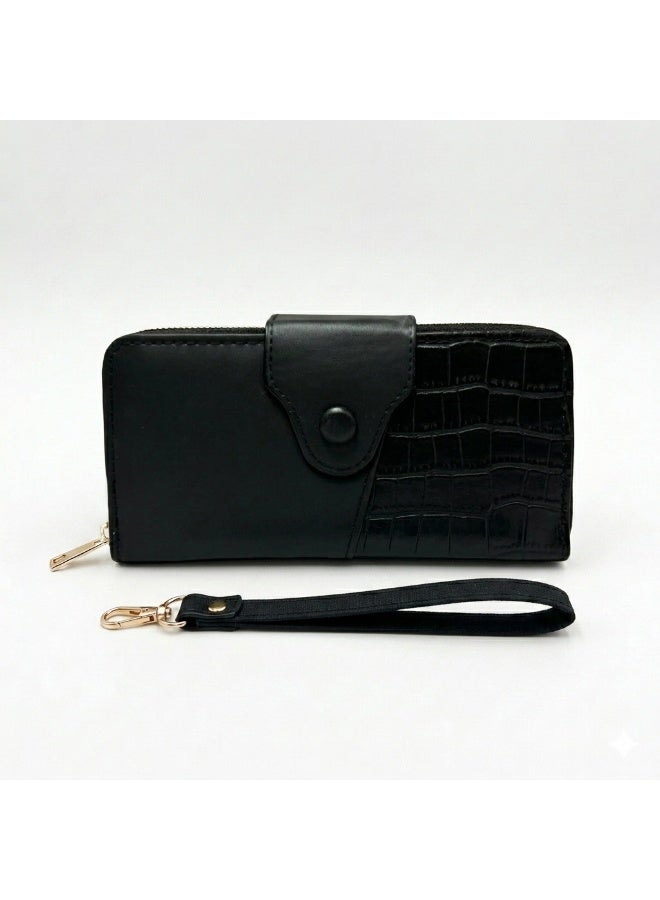 Kanaz "Croco Book" Women's Long Wallet – Elegant Zipper & Snap Button Purse, Dual Texture Smooth & Alligator Embossed Design, Card Holder & Money Organizer - Image 1
