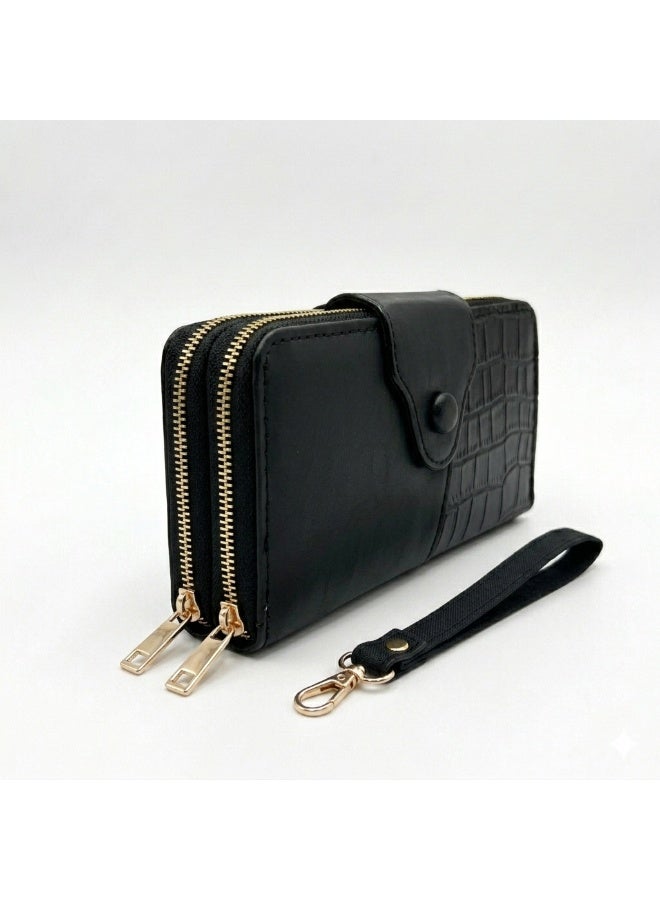 Kanaz "Croco Book" Women's Long Wallet – Elegant Zipper & Snap Button Purse, Dual Texture Smooth & Alligator Embossed Design, Card Holder & Money Organizer - Image 2