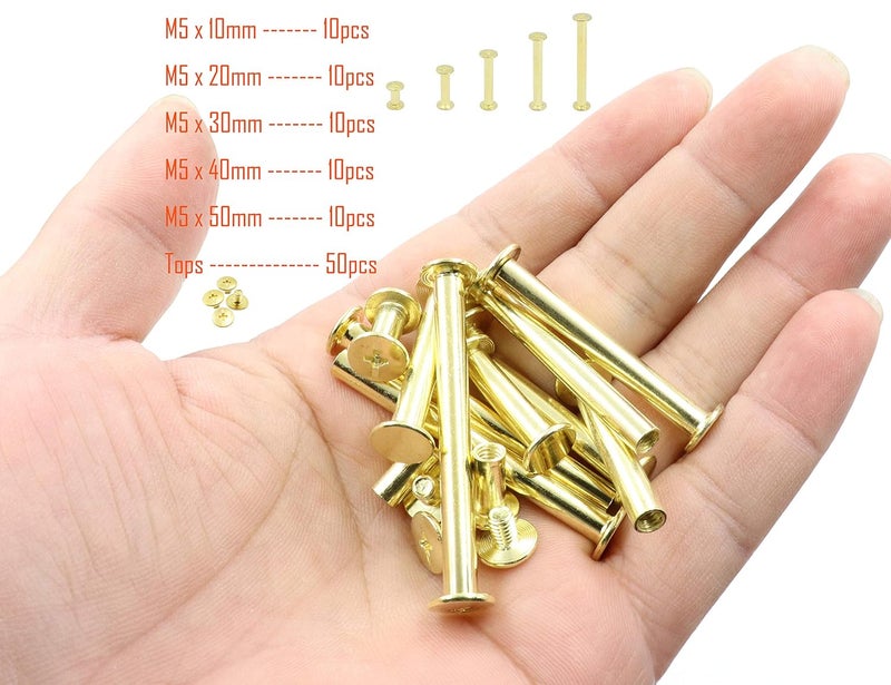 LBY 100pcs Phillips Chicago Screws, M5 x 10/20/30/40/50mm Binding Screw Posts, Book Screws, Binding Barrels and Screws Assortment Kit for Leather Saddles, Purses, Belt Repair, Copper-Plated - Image 3