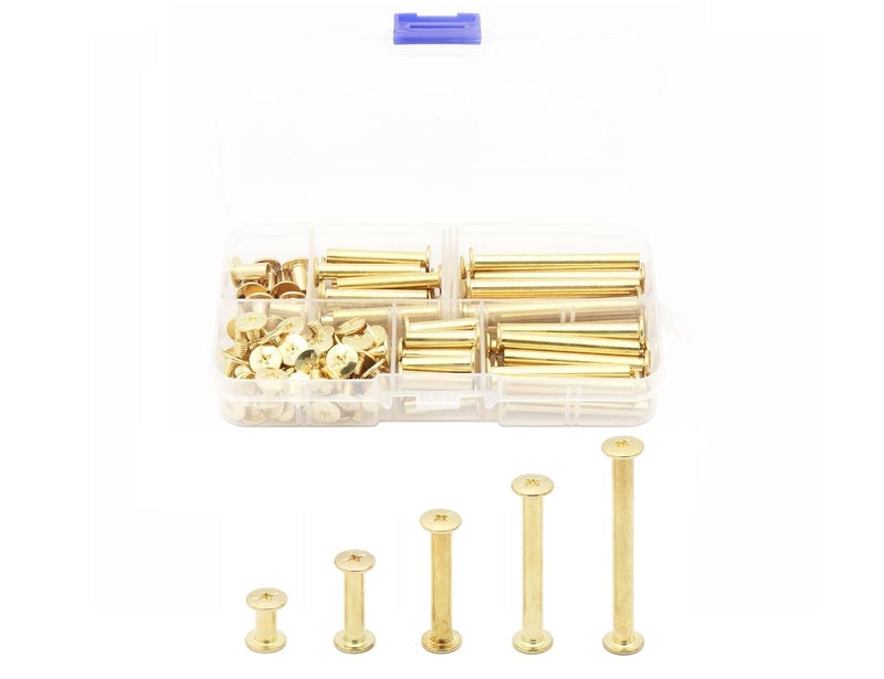 LBY 100pcs Phillips Chicago Screws, M5 x 10/20/30/40/50mm Binding Screw Posts, Book Screws, Binding Barrels and Screws Assortment Kit for Leather Saddles, Purses, Belt Repair, Copper-Plated - Image 1