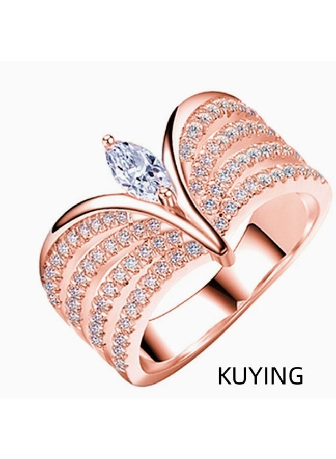 KUYING Thick Golden Horse Eye Diamond Crown Ring | Group Set With Dense Nails