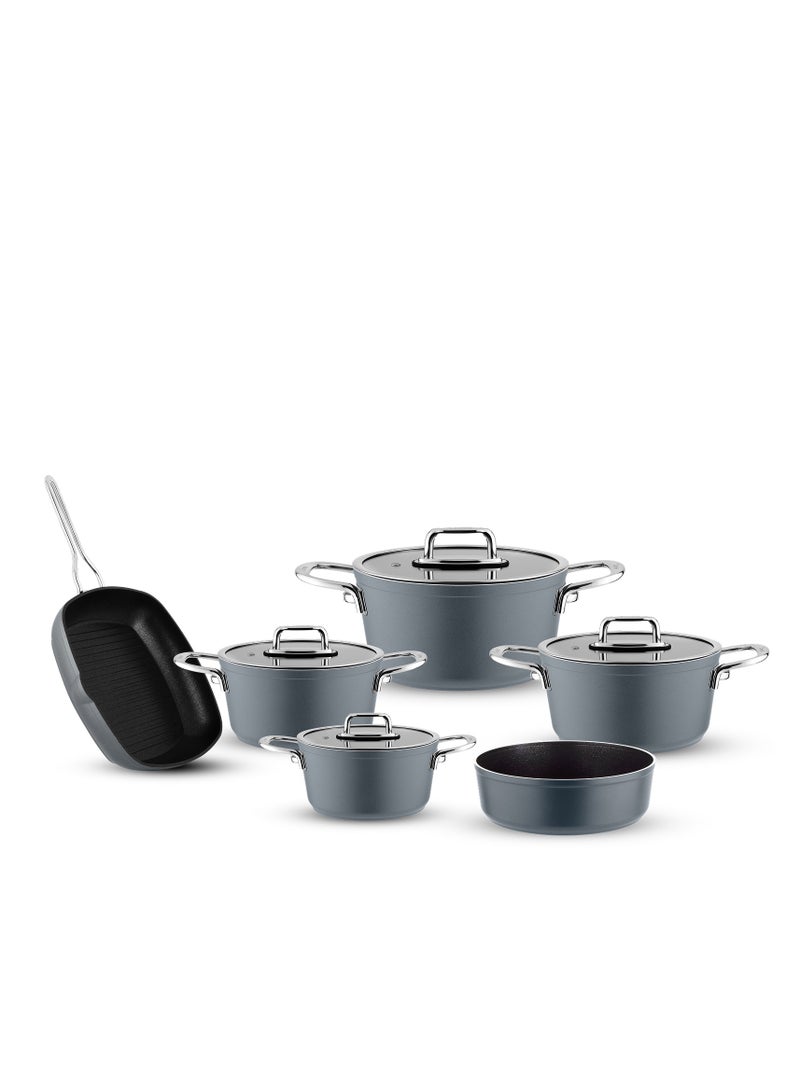 Turkish Tefal Granite Cookware Set by Lines – 10-Piece Set – Pyrex Lid – Suitable for all stovetops – Made in Turkey. Turkish Granite Cookware Set by Lines – 10-Piece Set – Sizes 18/20/24/28 cm + 28 cm Grill Pan + 28 cm Oven Tray + Pyrex Lid – 6 Colors ( Gray )