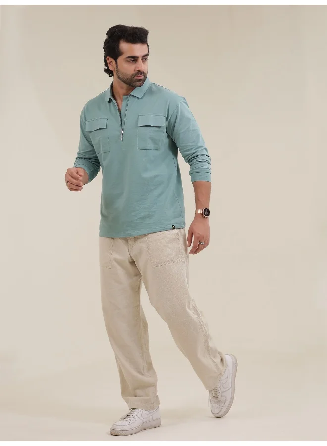 Maniac Mens Solid Oversized Polo Neck 2 Pocket Full Sleeve Berly Green Cotton T-Shirt
