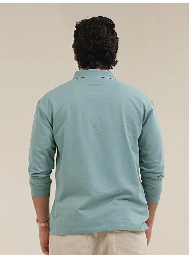 Maniac Mens Solid Oversized Polo Neck 2 Pocket Full Sleeve Berly Green Cotton T-Shirt
