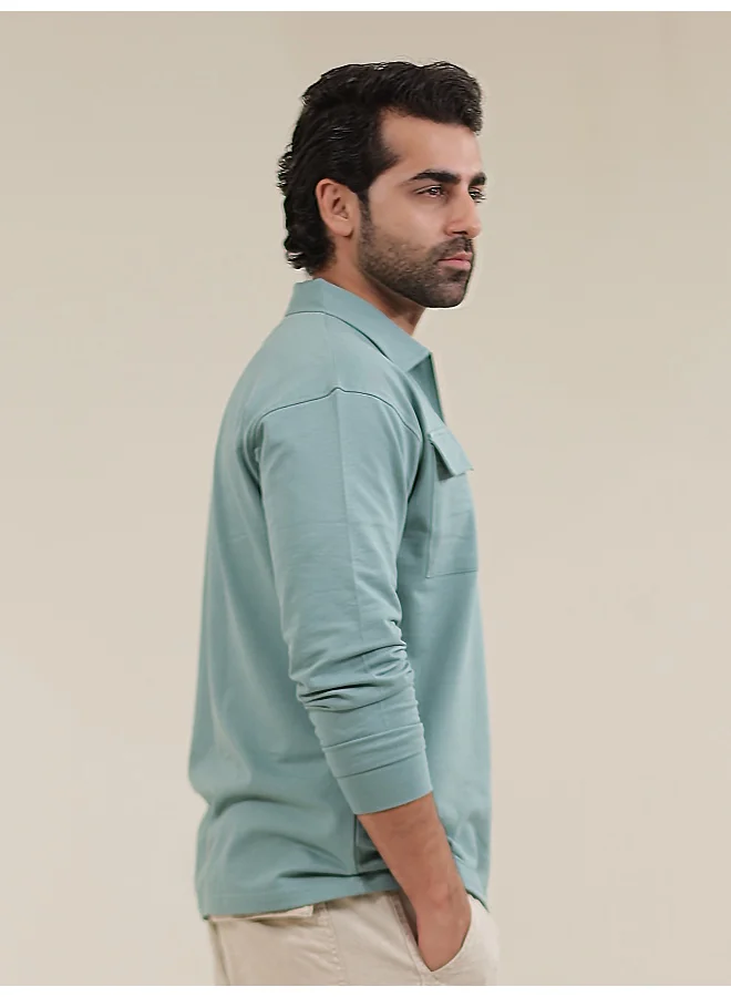 Maniac Mens Solid Oversized Polo Neck 2 Pocket Full Sleeve Berly Green Cotton T-Shirt