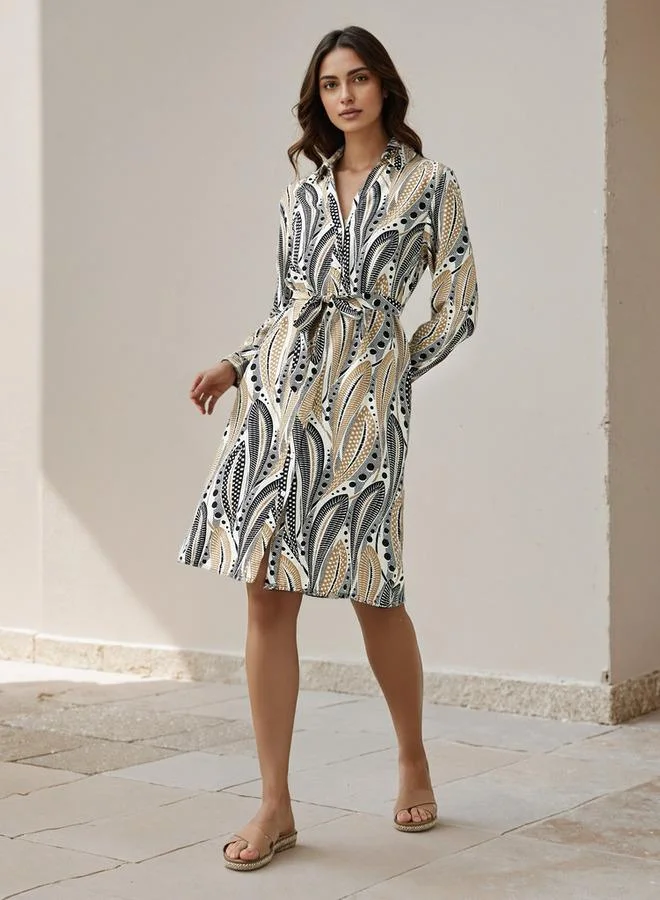 Splash FAV Printed Knee Length Shirt Belted Dress
