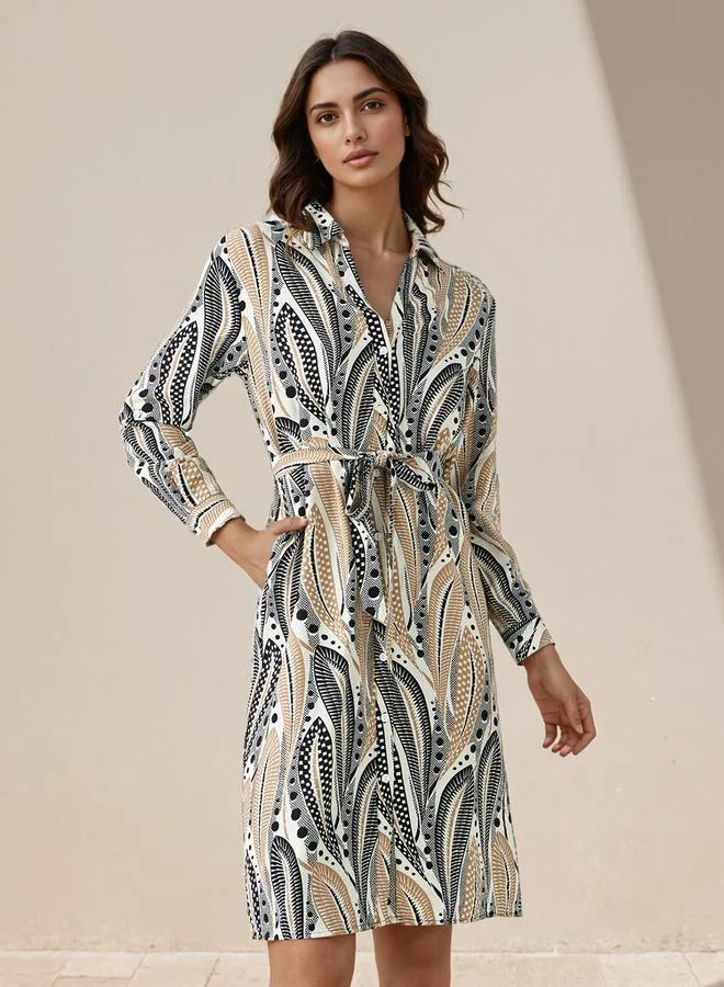 Splash FAV Printed Knee Length Shirt Belted Dress