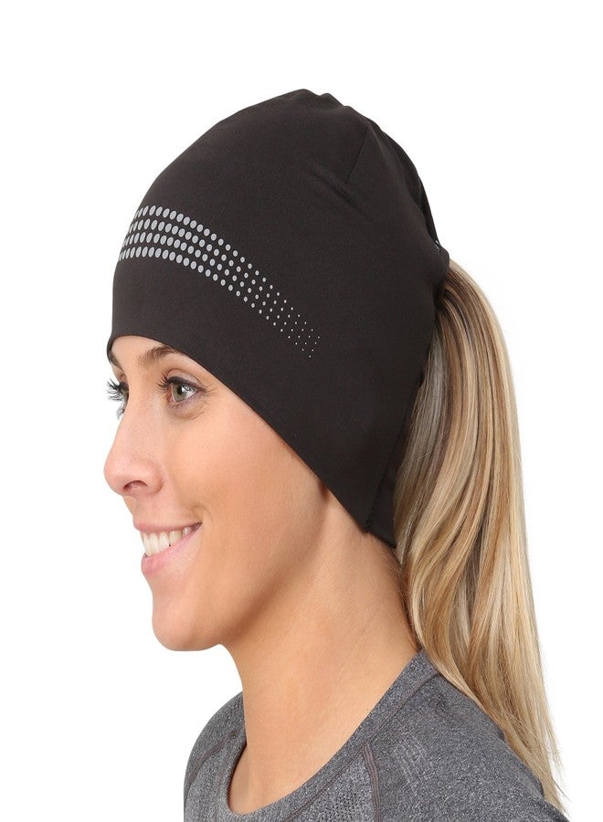 TrailHeads Ponytail Hat - Adrenaline Series | Women’s Running Beanie with Reflective Accents | Black Skull Cap - Black/Reflective - Image 1