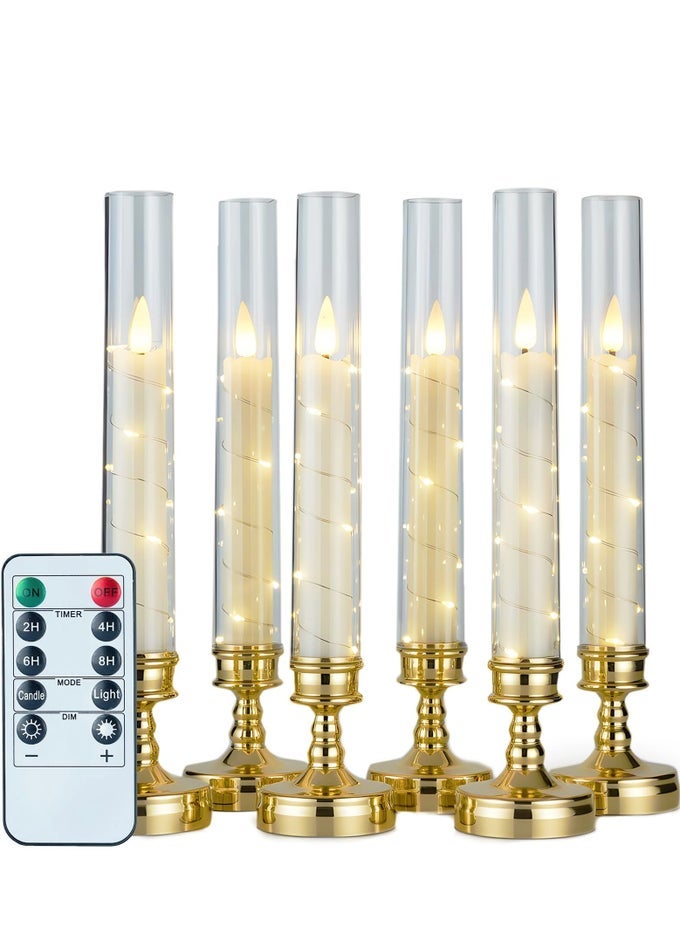 6PCS FLAMELESS CANDLES WITH REMOTE TIMER, FLICKERING LED CANDLES WITH EMBEDDED STAR STRING, ROMANTIC ELECTRONIC CANDLES, GOLD BASE, BATTERY POWERED, DECORATIVE CANDLES SET FOR HOME, WEDDING, DINNER PARTY, FESTIVAL