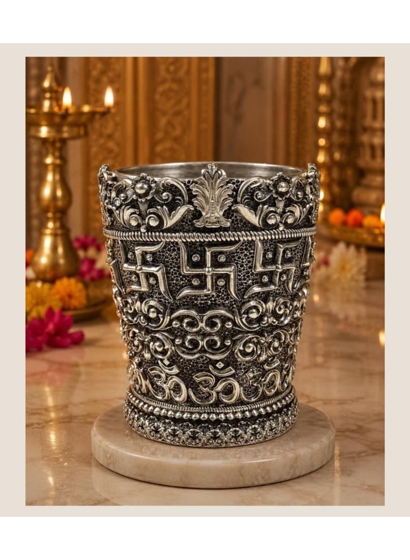 KHUSHBOO JEWELS Silver 999 Ornate Silver Plated Tulsi Planter with Marble Base (17.5*14.5CM) - Image 1