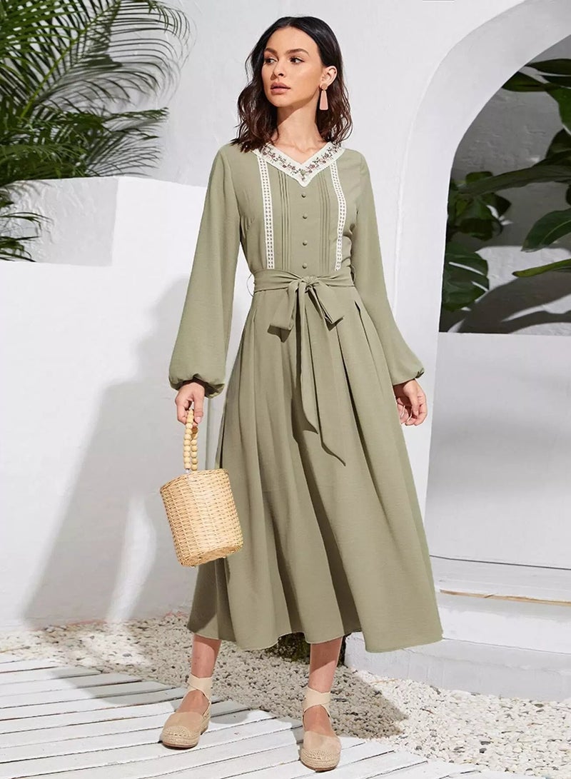 Lantern Sleeve Contrast Tape Detail Belted Dress  - Image 1