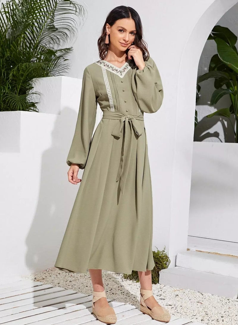 Lantern Sleeve Contrast Tape Detail Belted Dress  - Image 4