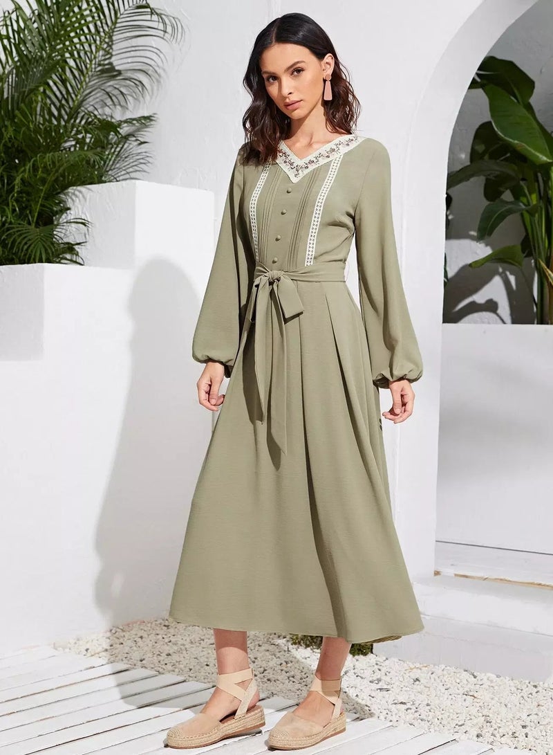 Lantern Sleeve Contrast Tape Detail Belted Dress  - Image 3