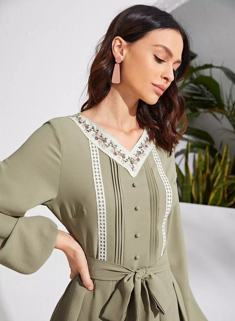 Lantern Sleeve Contrast Tape Detail Belted Dress  - Image 5